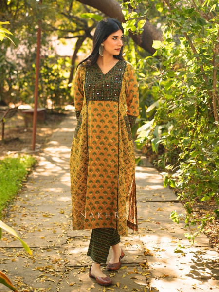 Rozana Mustard Cotton Pant Kurta Set with Patch Work