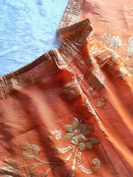 Noorline Glow Orange Semi-stitched Dress Material with Sequin and Cut Dana Work