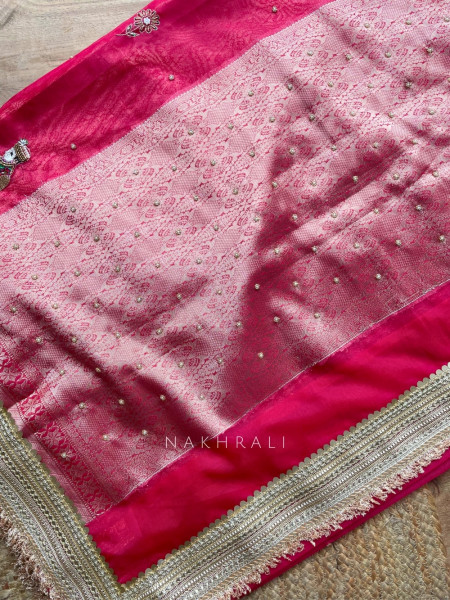 Kalpika  Red Organza Silk Saree With Jaimala Zardosi Motif Work