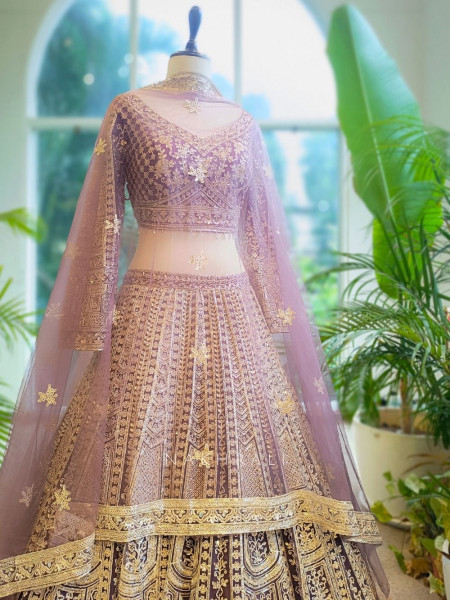 Golden Flare Purple Lehenga with Thread and Sequin Work