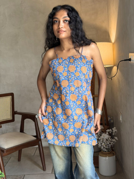 Mira Classic Blue Printed Spaghetti Strap A-Line Top