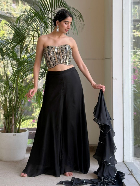 Velmor Black Indo Western Palazzo Set with Sequin Bead Work