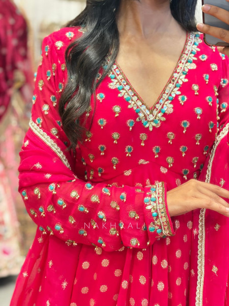 Chitrika Red Bandhani Sharara Suit Set with Mirror & Gota Patti Work
