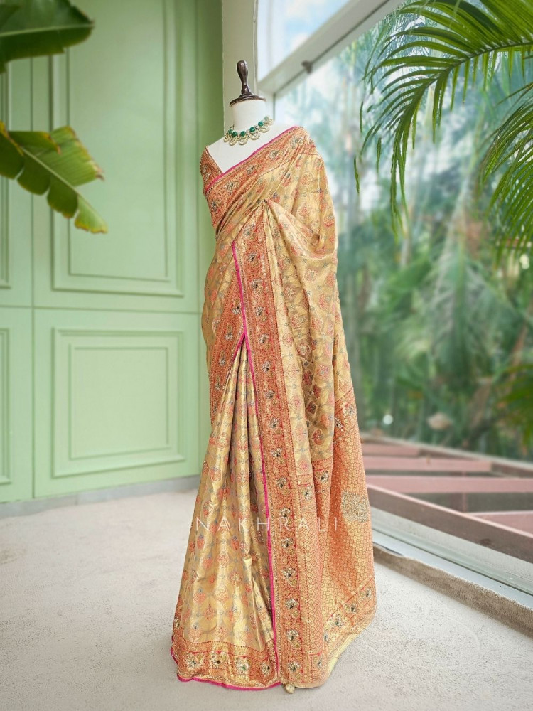 Image of Sharvani Beige Saree With Meenakari Zari, Gota Patti &amp; Zardozi Work