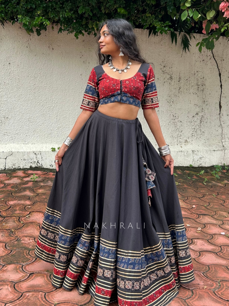 Image of Garba Eclipse Black Maroon Pure Cotton Navratri Lehenga Choli
