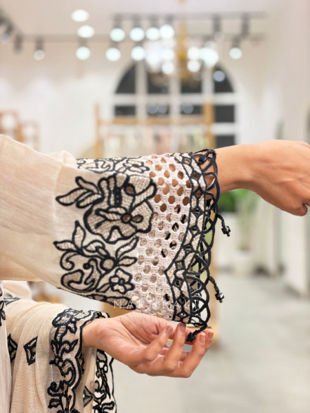 Lunara Beige Cutwork Embroidered Kurta Palazzo Suit Set