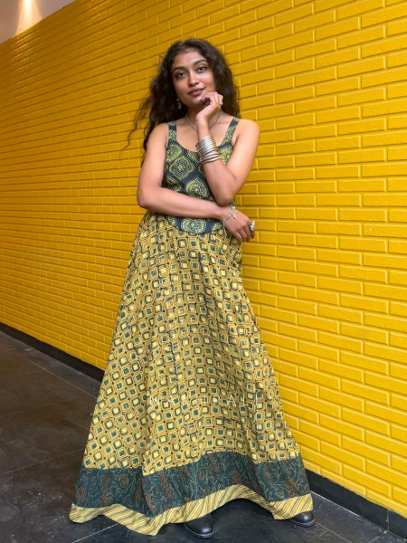 Kaya Diamond-Matrix Cotton Mustard Flared Skirt with Traditional Ethnic Trim