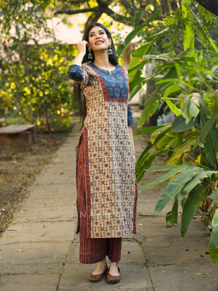Niloufar Beige Cotton Kurta with Sequin Patch Work