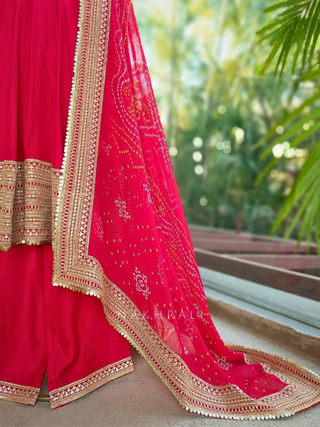 Emerald Red Anarkali Palazzo Set with Bandhej Dupatta and Border Work