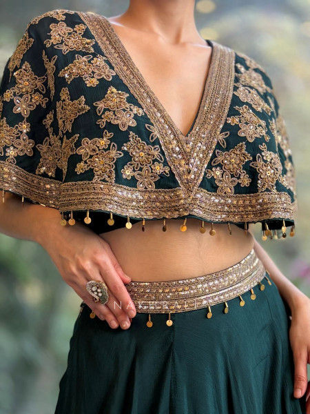 Velisse Green Zari Sequin Indo-Western Lehenga Set