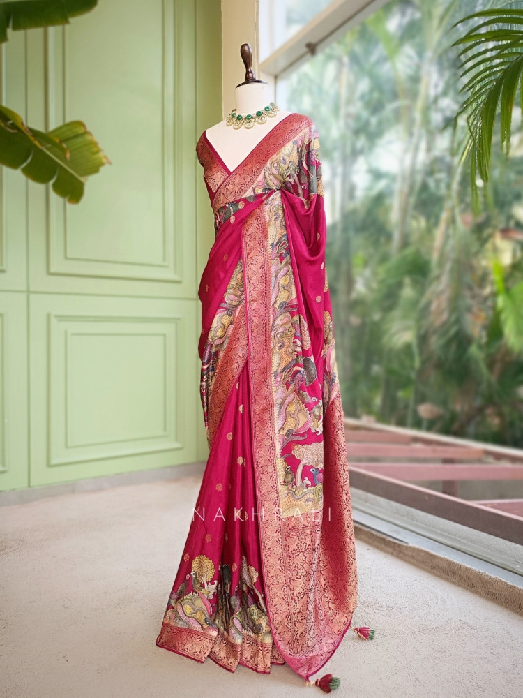 Image of Sarang Wine Saree awith Kalamkari-Inspired Figurative Motifs