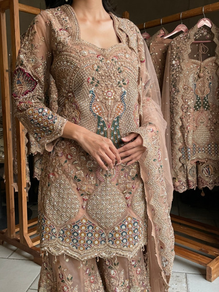 Gilded Heirloom Beige Tulle Net & Satin Silk Sharara Suit Set