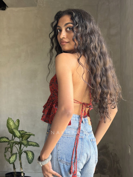 Roselle Frill Maroon Printed Crop Top