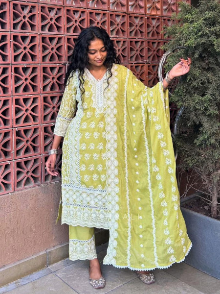 Mireya Green Cotton Suit Set with Lucknowi Embroidery