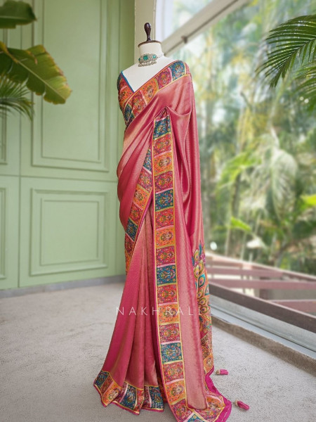 Triyogi Magenta Munga Tussar Soft Metallic Silk Saree with Pichwai Peacock Pallu