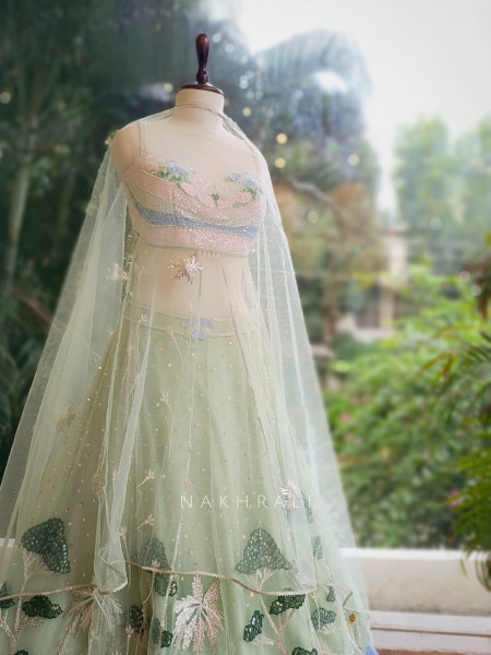 Enchanted Bloom Green Net Lehenga with Sequin & Floral Embroidery