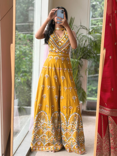 Sunlit Empress  Yellow Silk Blend Indo-Western Jumpsuit