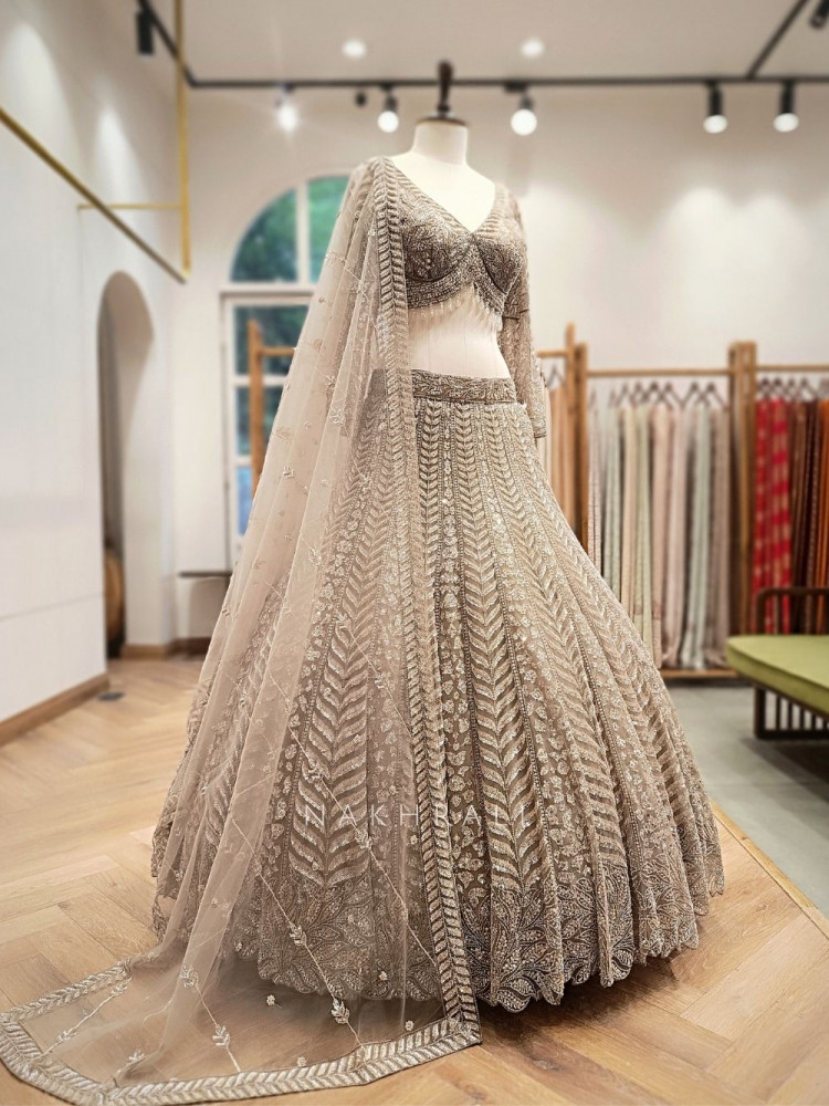 Image of Shibora brown Net Lehenga Set with Detailed Sequin Work