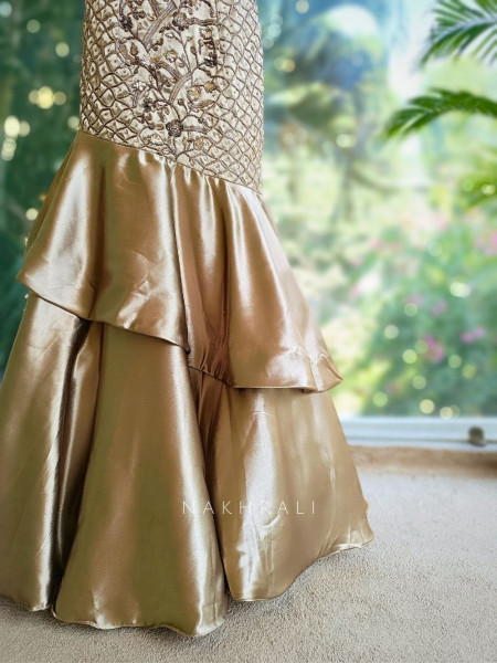 Arista Brown Satin Indo-Western Lehenga with Sequin Bead Work