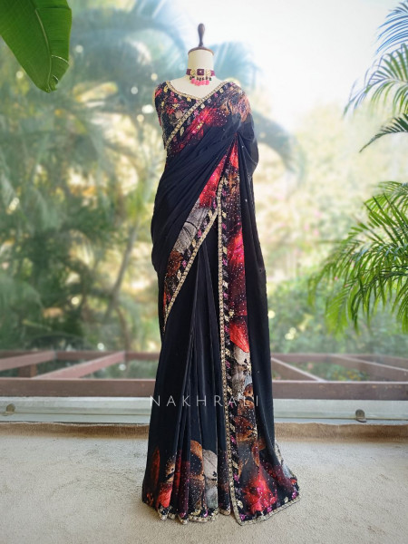 Midnight Petal Party Saree with Sequin Work