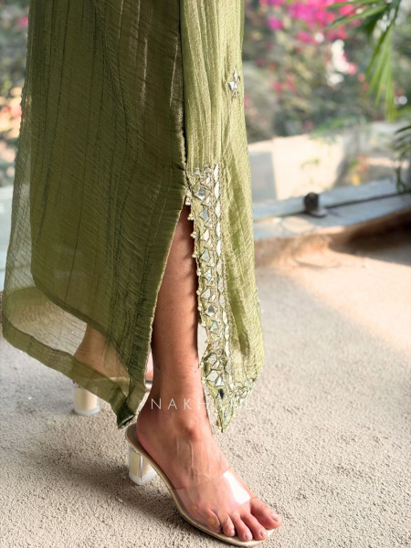 Poise Green Tissue Long Dress with Mirror and Zari Work