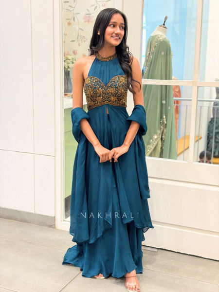 Inaaz Teal Blue Indo Western Set with Cut Dana Work