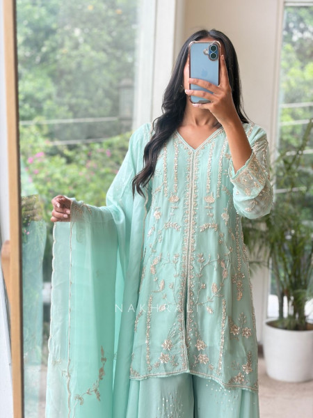 Sorrel Sea Green Organza Georgette Layered Sharara Suit Set