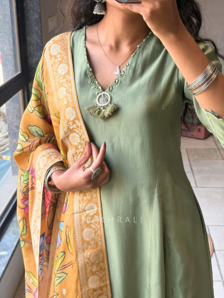 Zyrika Rama Green Anarkali Suit Set with Floral Dupatta