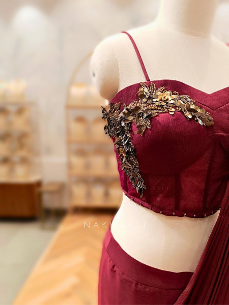Riyana Maroon Pre-Draped Saree with Corset Blouse