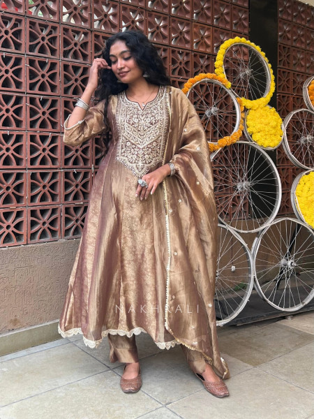 CelestialGleam  Beige Tissue Organza Silk Anarkali Suit Set