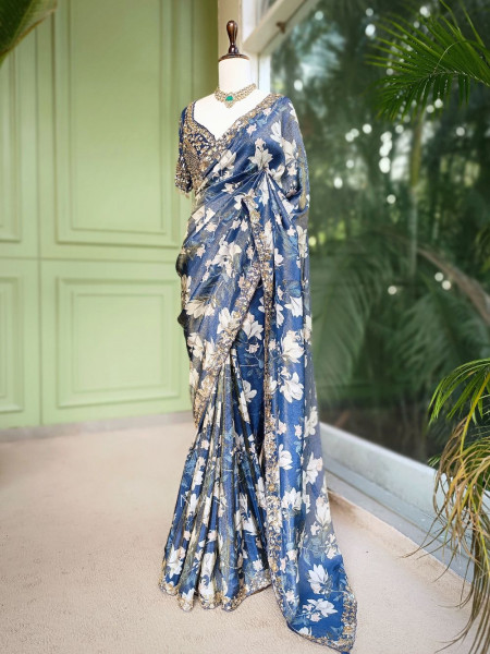 Aarvika Blue Floral Printed Saree with Sequin Zari Blouse