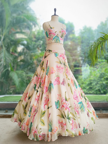 Rang-e-Gul Off-White Floral Indo-Western Lehenga with Sequin Embroidery