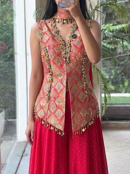 Jashn-e-Malhar Red Brocade Silk Indo-Western Palazzo Set