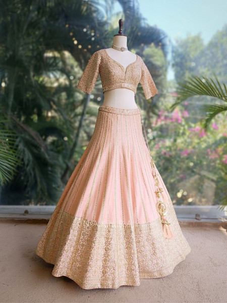 Noor-e-Gulab Peach Silk Lehenga with Gota Patti Zari Sequin Work