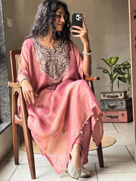 Riyana Pink Kaftan Set with Heavy Embroidered Neckline