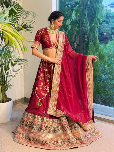 Orvian Maroon Lehenga Set with Floral Weave Sequin Border Work