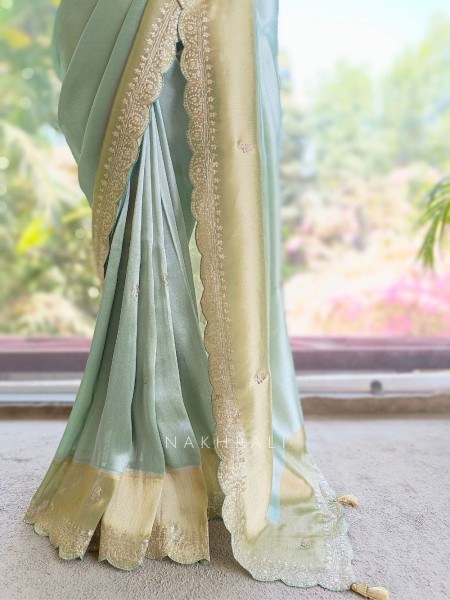 Skylight Pista Green Zari Weaved Saree with Embroidered Border