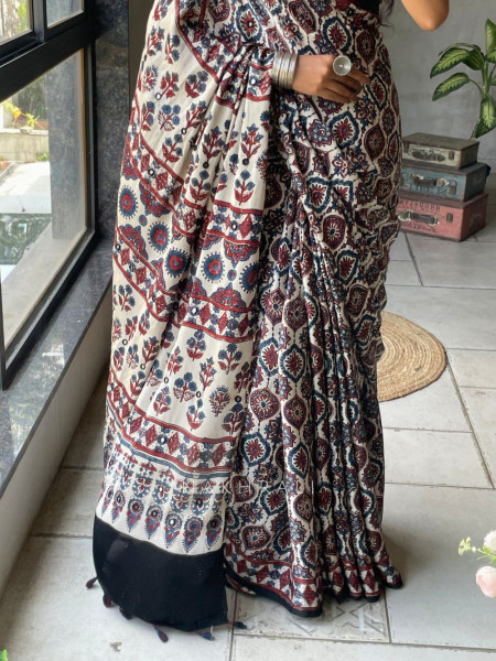 Prabha Cream Modal Saree with Ajrakh Print