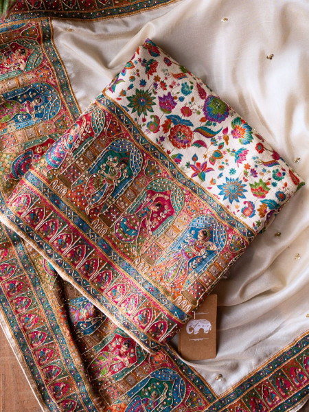 Noorani Cream Dola Silk Dress Material Set with Dabka & Bead Work