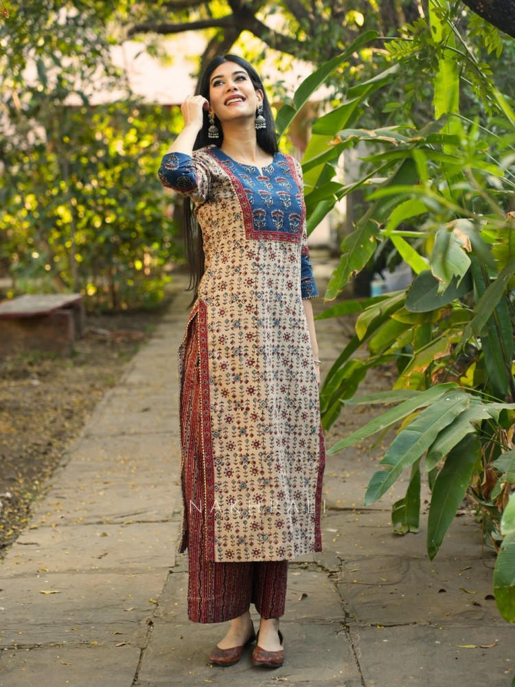 Image of Niloufar Beige  Cotton Kurta Pant Set with Sequin Work
