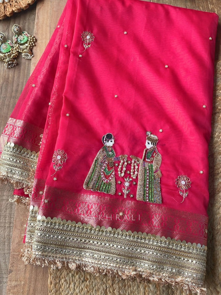 Kalpika  Red Organza Silk Saree With Jaimala Zardosi Motif Work