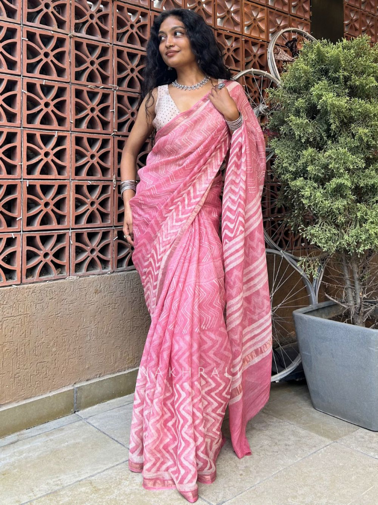 Image of Batik-kala Pink Cotton Saree with Running Blouse Piece