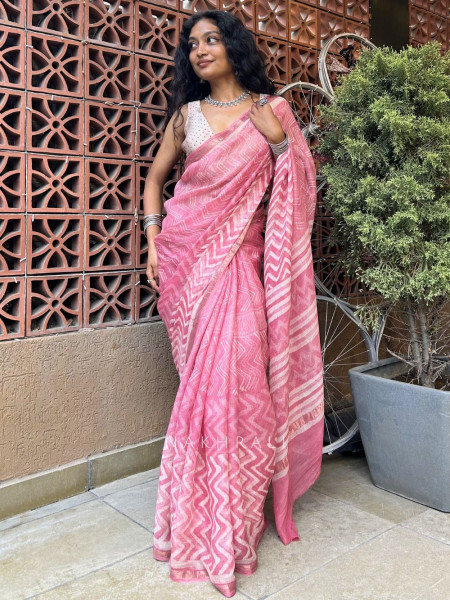 Batik-kala Pink Cotton Saree with Running Blouse Piece