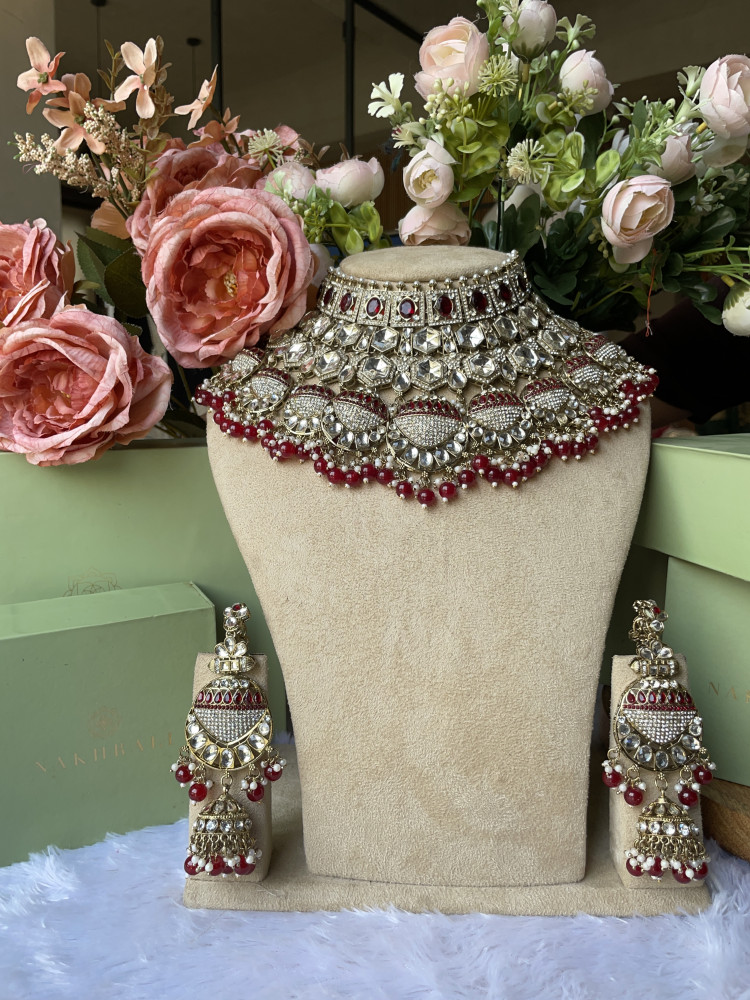 Image of Zeenatara Red Bridal Polki Jewellery Set