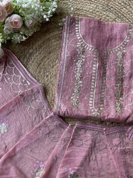 Saanjh Onion Pink Embroidered Dress Material