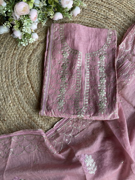 Saanjh Onion Pink Embroidered Dress Material