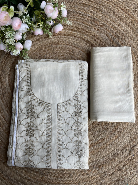Saanjh Cream Embroidered Dress Material