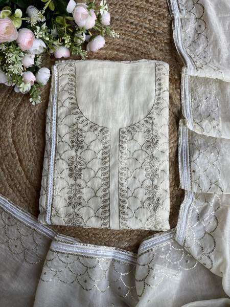 Saanjh Cream Embroidered Dress Material