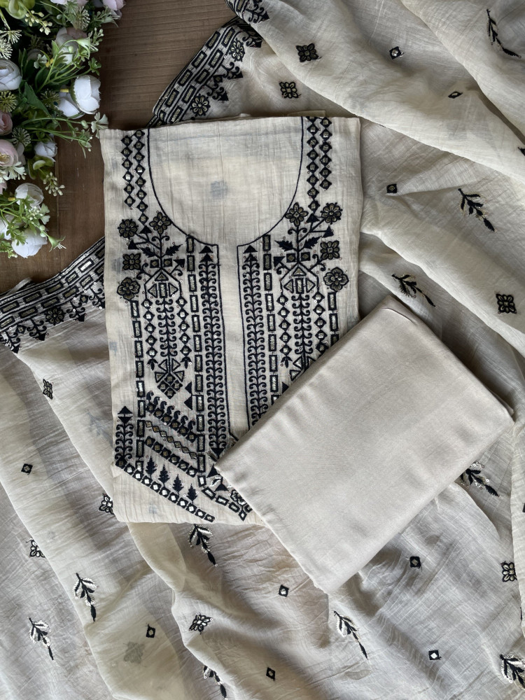 Image of Noir Garden Cream Green Embroidered Dress Material Set