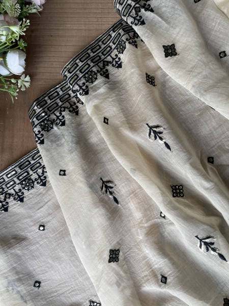 Noir Garden Cream Green Embroidered Dress Material Set